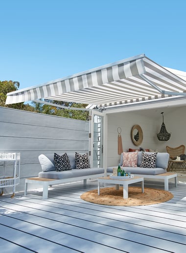 Feat. Kona Awning with a bold striped fabric.